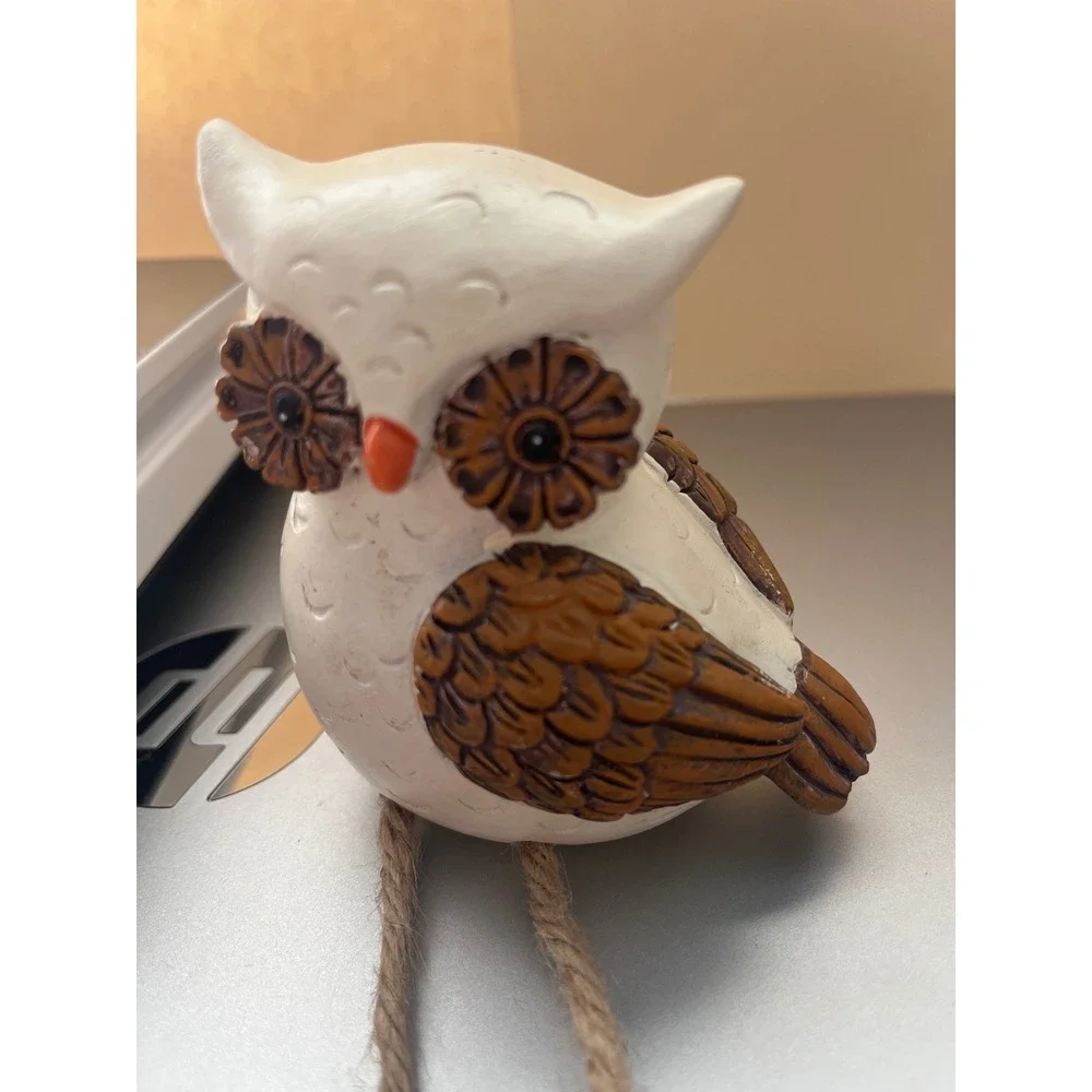 Rustic Owl Shelf Sitter Figurine White Brown Jute Rope Dangling Legs Decor
